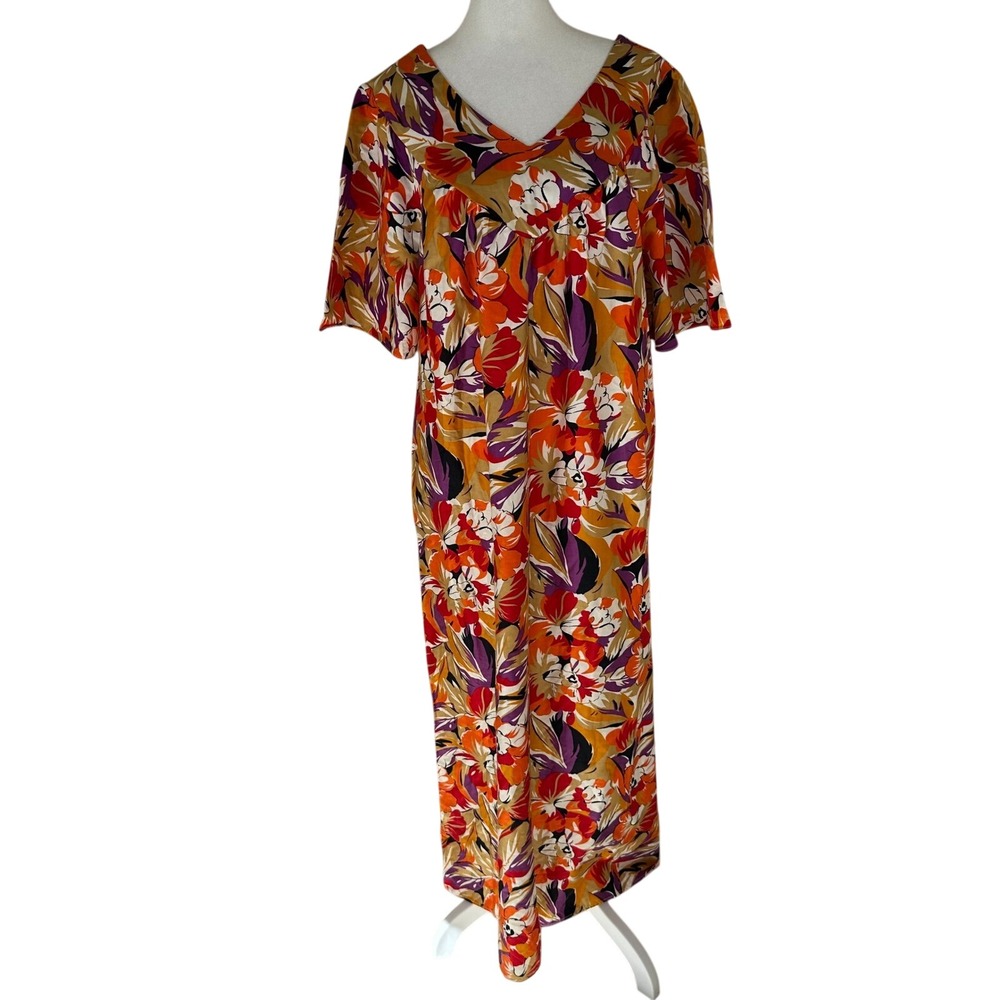 Sears Muu Muu Dress Women M Orange Floral Boho Maxi Lounger Vintage 70s Style